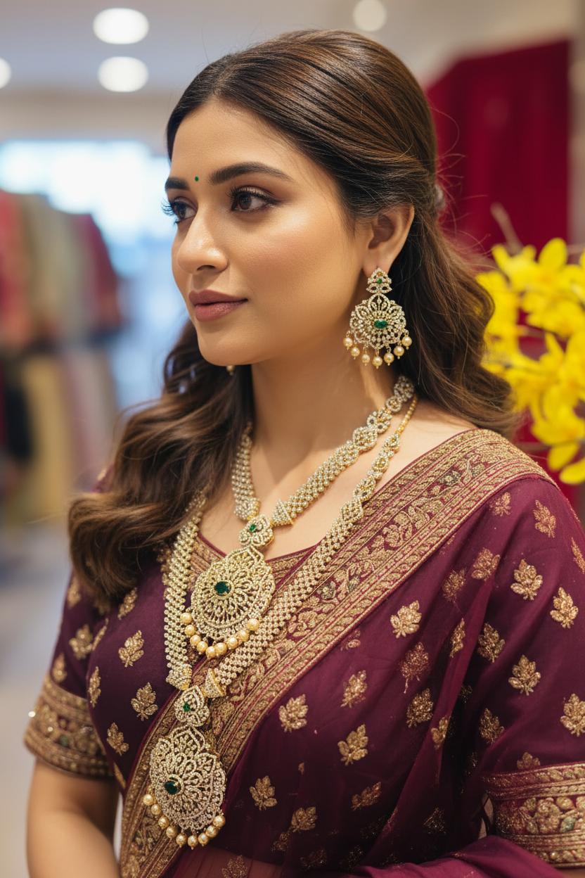 Woman wearing premium maroon Indian saree with gold embroidery and matching traditional jewelry at boutique