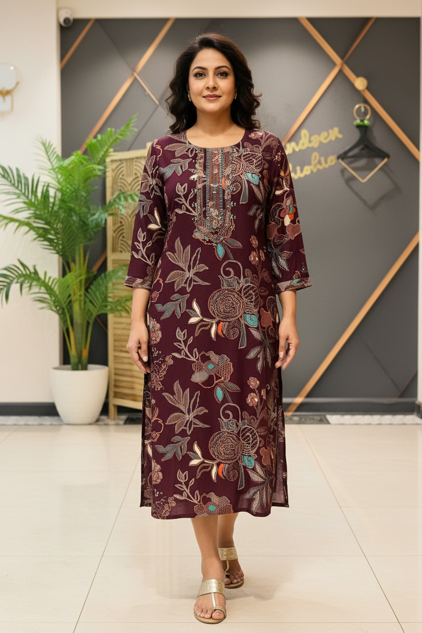 Wine - Rayon Cotton Kurti