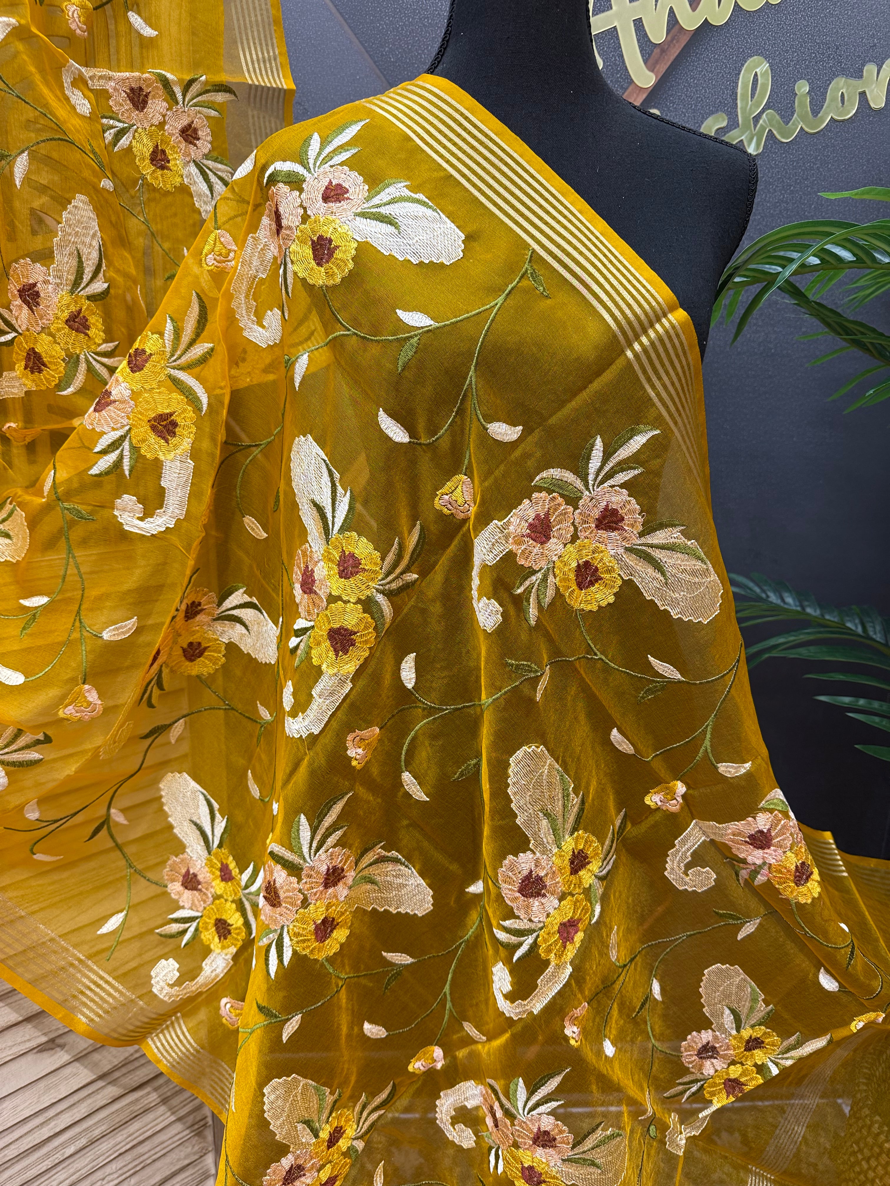 Yellow Organza Embroidered Dupattas