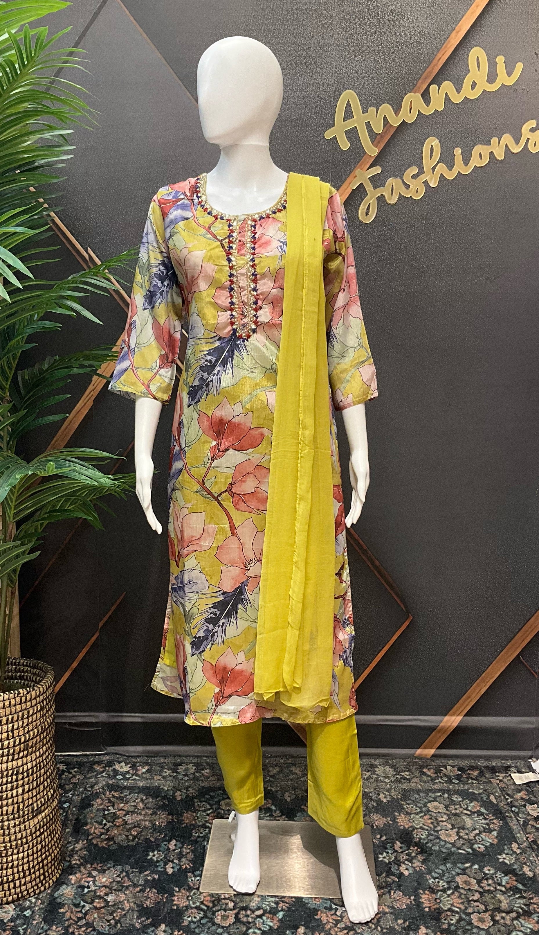 Floral Pattern - Satin Silk Kurti set