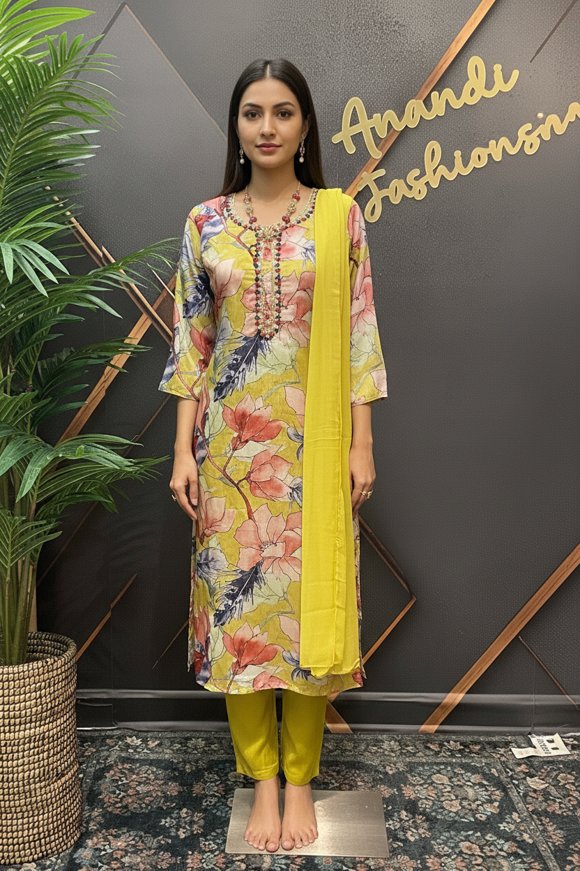 Floral Pattern Satin Silk Kurti Set with Chiffon Dupatta - Party Wear