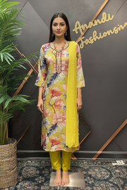 Women’s Floral Pattern Satin Silk with Chiffon Dupatta Kurti Set