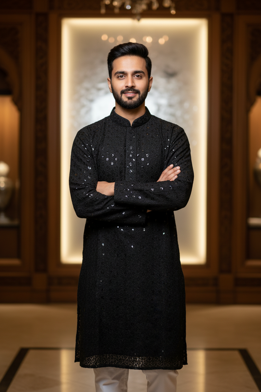Black Sequence Mens Wear kurta set