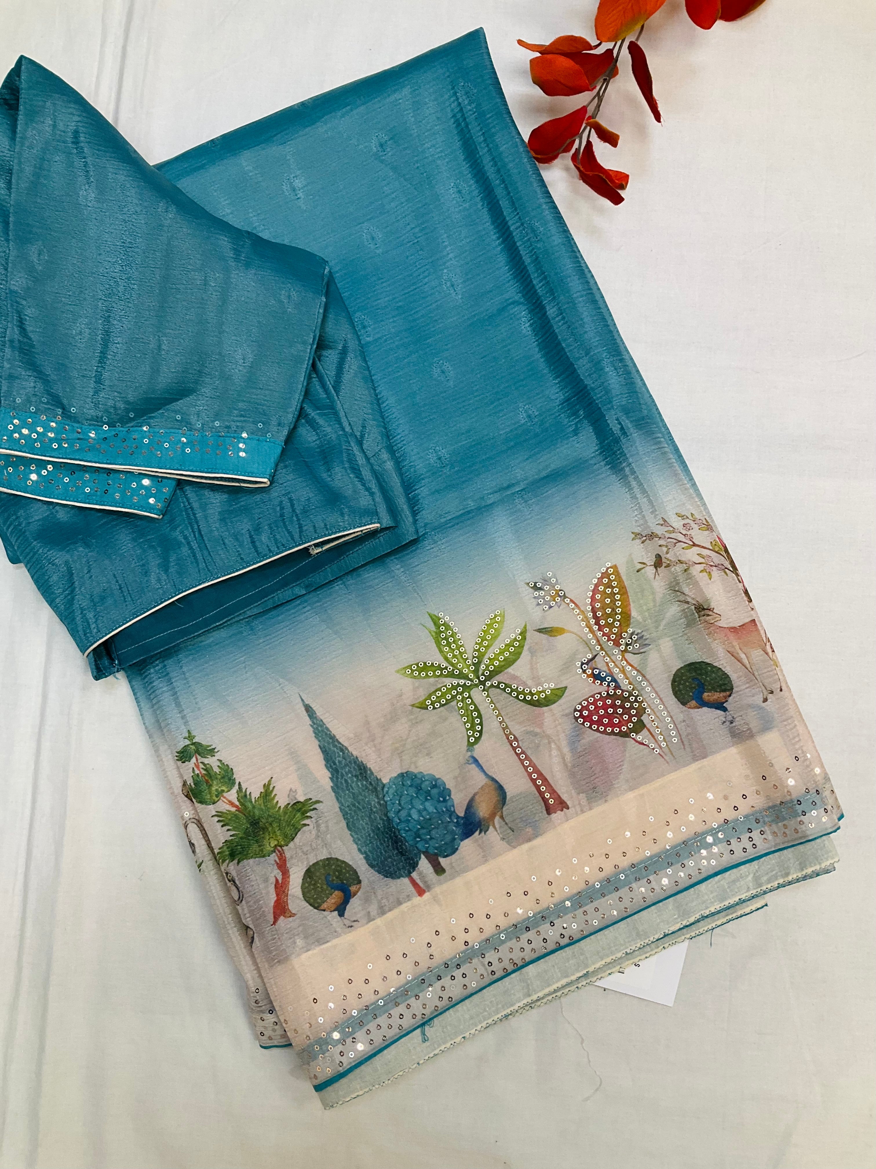 Blue Party wear saree with Stitched blouse- fall pico done