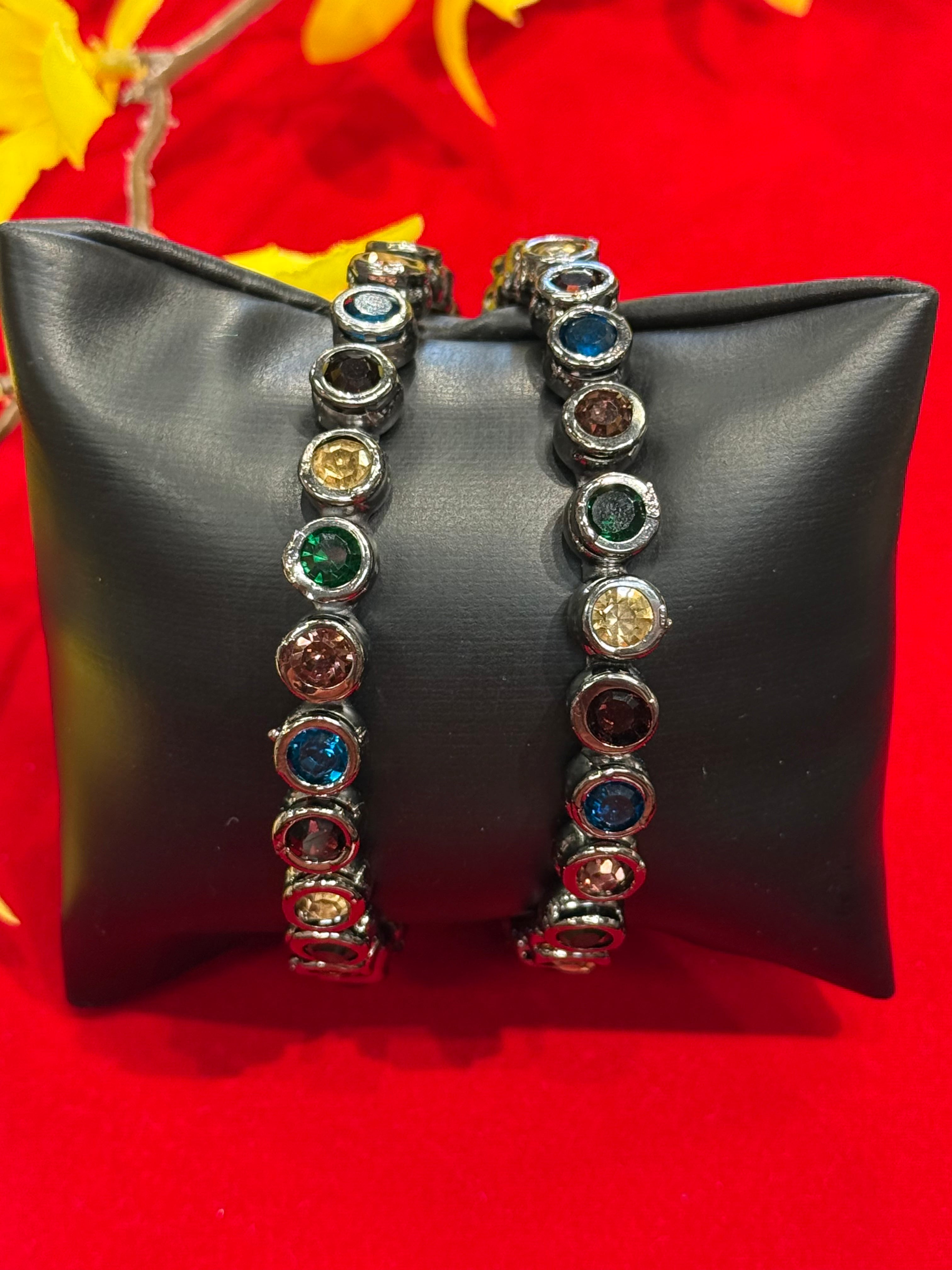 Multicolor stone - Black Metal Bangles- set of 2