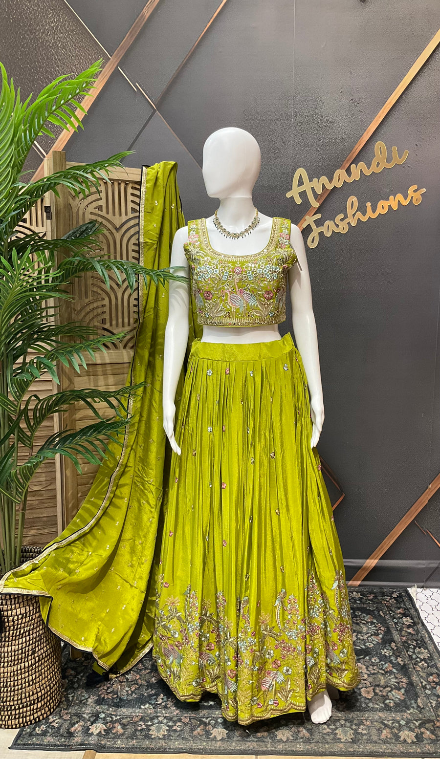 Women’s Lime Green Floral Embroidered Lehenga Choli with Dupatta