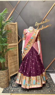 Wine & Baby Pink Silk Kota Half Saree set