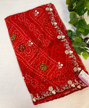 Red Bandhini Georgette Embroidered Saree