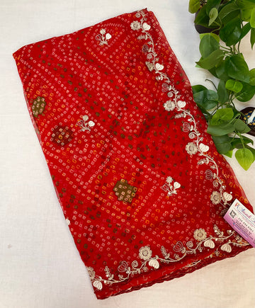 Red Bandhini Georgette saree