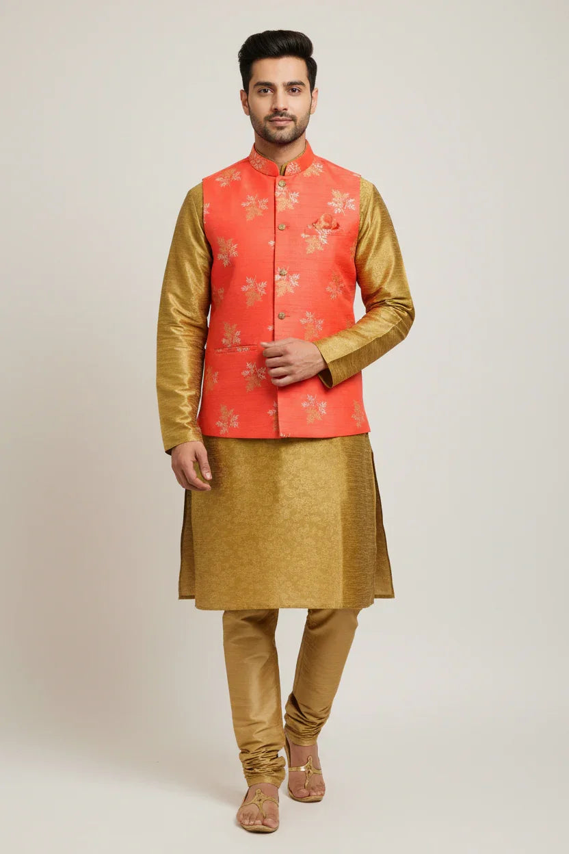 Man wearing golden silk kurta pajama with a coral orange floral Nehru jacket, ethnic Indian attire from Anandi Fashions