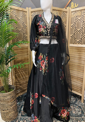 Black Floral Lehenga Set Size 38 - Satin Silk Designer Party Wear