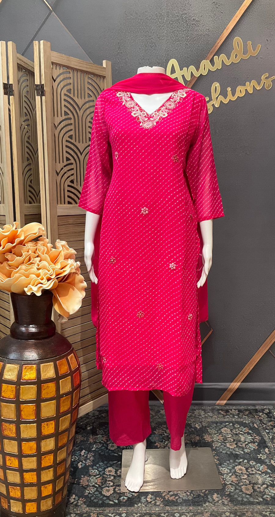 Pink Leheriya Georgette Kurti set