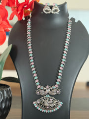 German Silver Long Haram Necklace Set with Pastel Stones