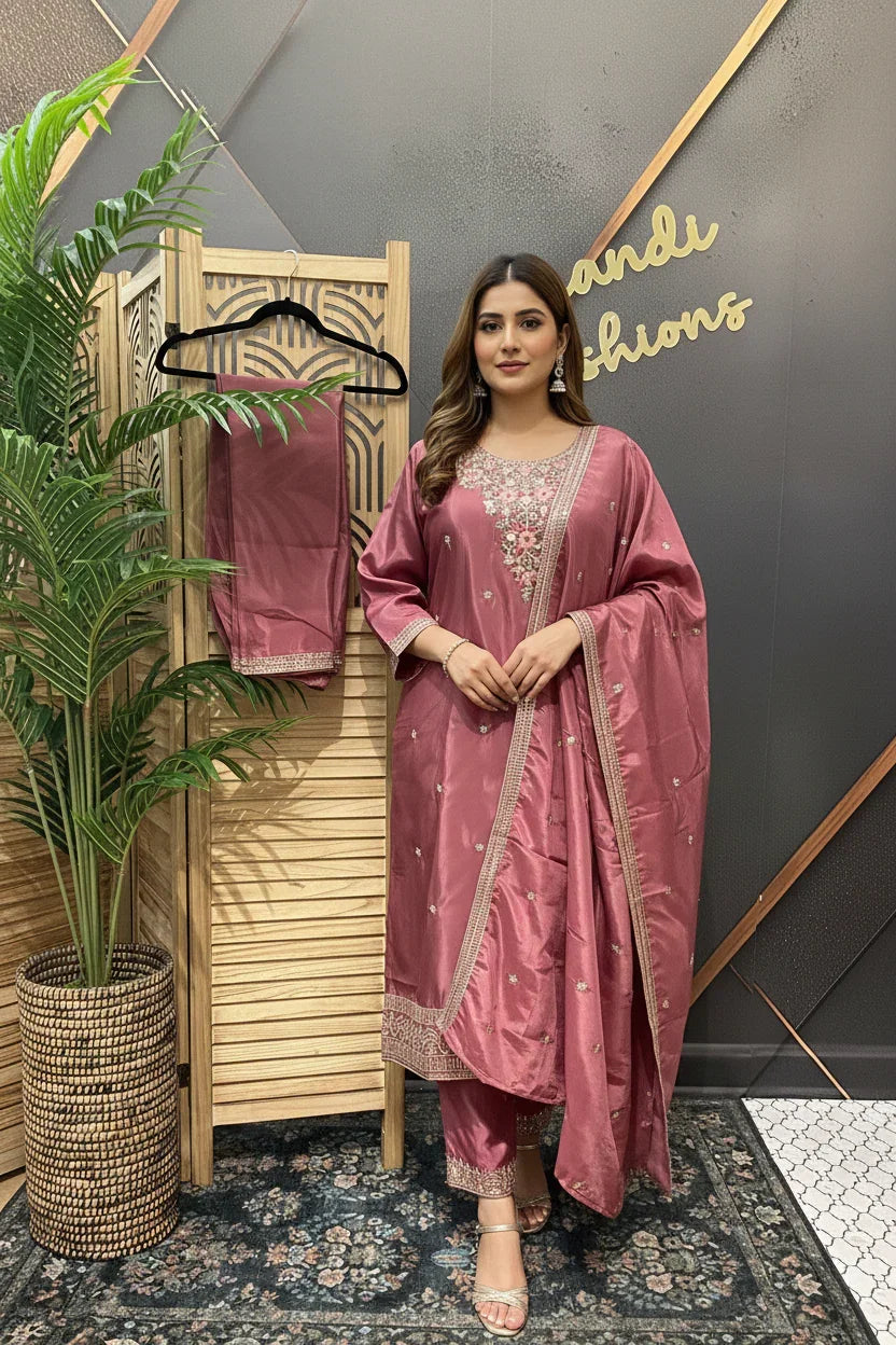 Plus Size Onion Pink Party Wear Kurti Set - H O Silk with Embroidery