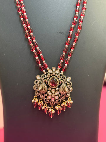 Maroon Monalisa Beads - Victorian Pendant Long Haram/Necklace set