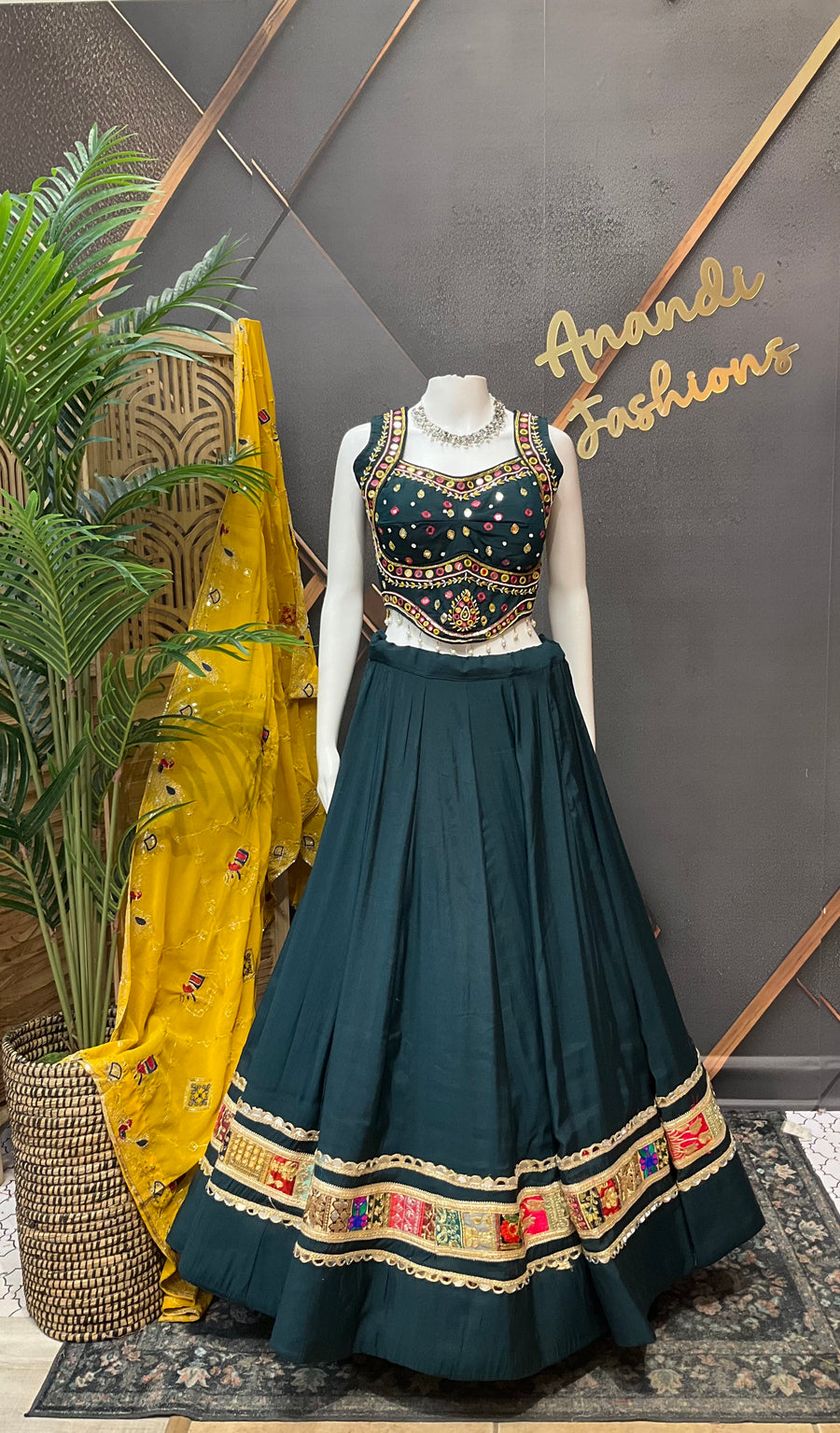 Teal Blue Garba Silk Chaniya Choli with Mirrors
