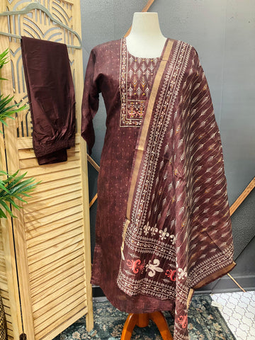 Plus Size Chanderi Silk Kurti Set - Brown - Premium Ethnic Wear