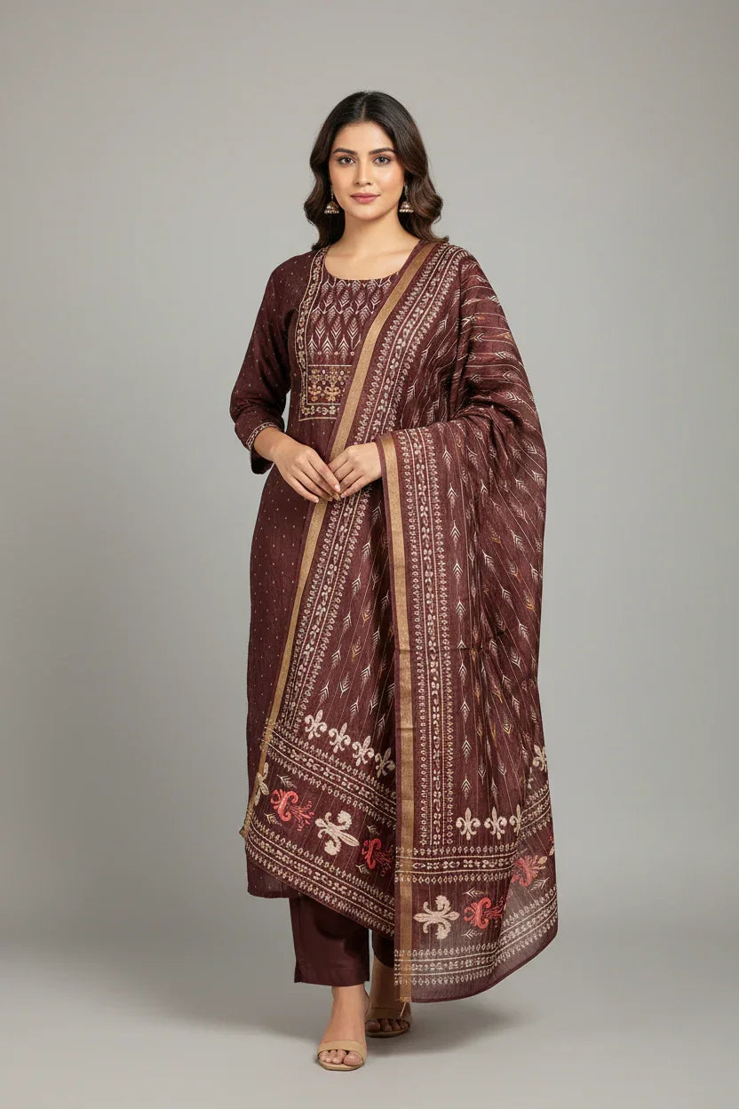 Woman in brown ethnic Indian suit with intricate embroidery and matching dupatta, beige heels