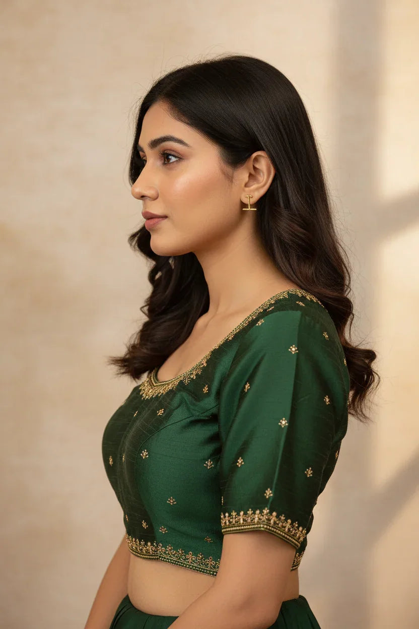 Front Opening Green Raw Silk Blouse