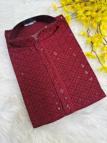 Maroon Color -Sequence Work Men’s Wear Kurta set
