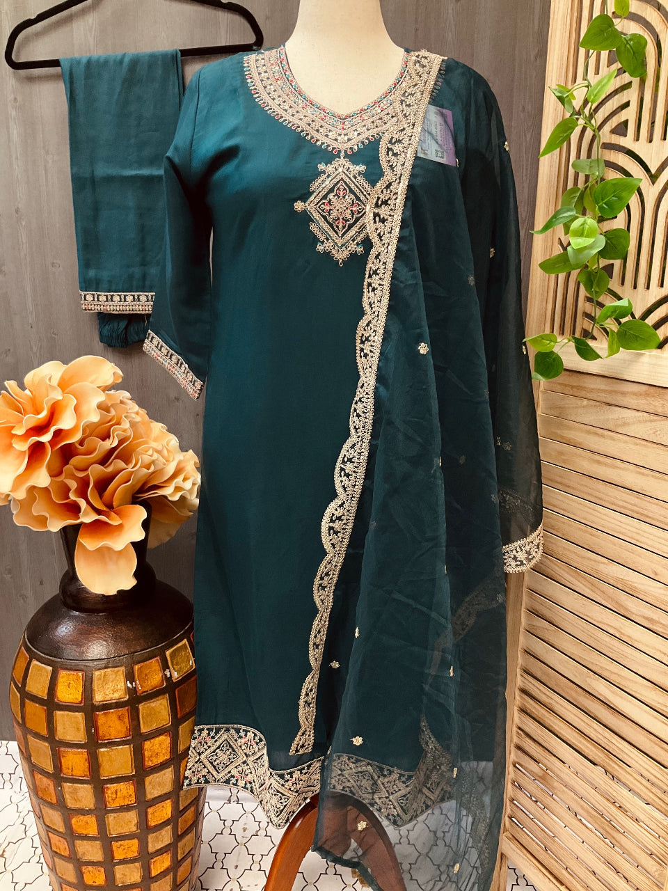 Plus Size - Peacock Blue Color Party wear 3 Piece Kurti  set image 0