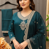 Plus Size Peacock Blue 3-Piece Party Wear Kurti Set - Size 44