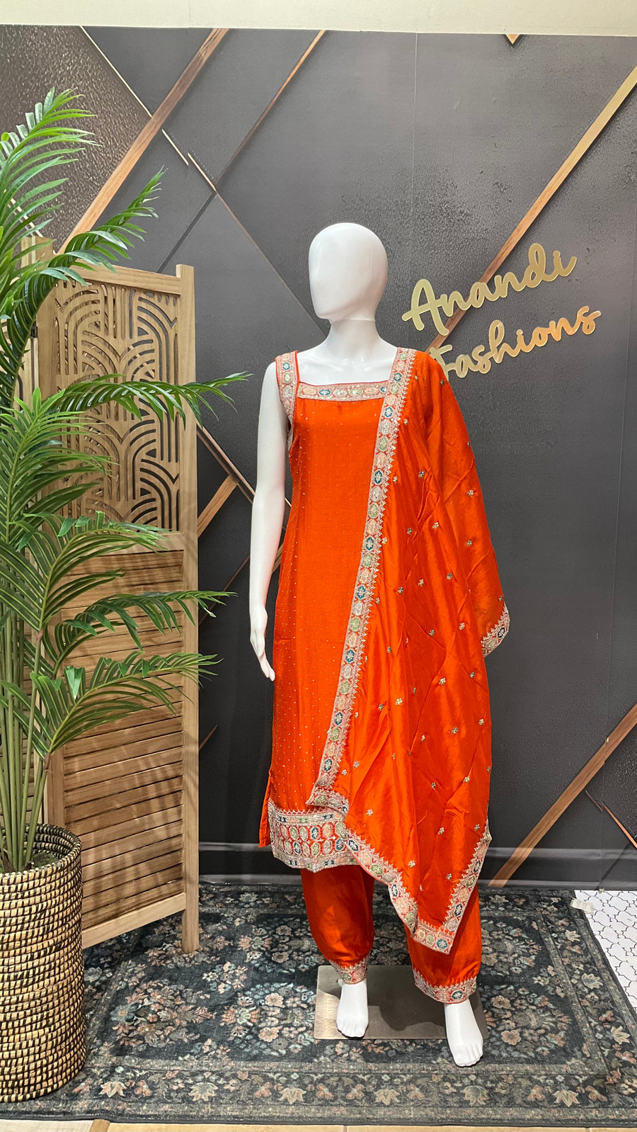 Orange Party wear Sleeveless Kurti set