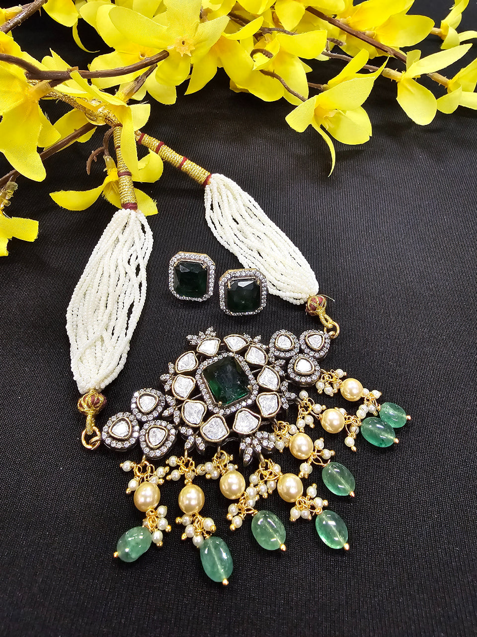 Indian Necklace - Victorian Choker Set with Emerald Stone image 0