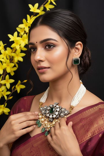 Woman wearing traditional Indian maroon saree with green emerald jewelry and pearl necklace by Anandi Fashions