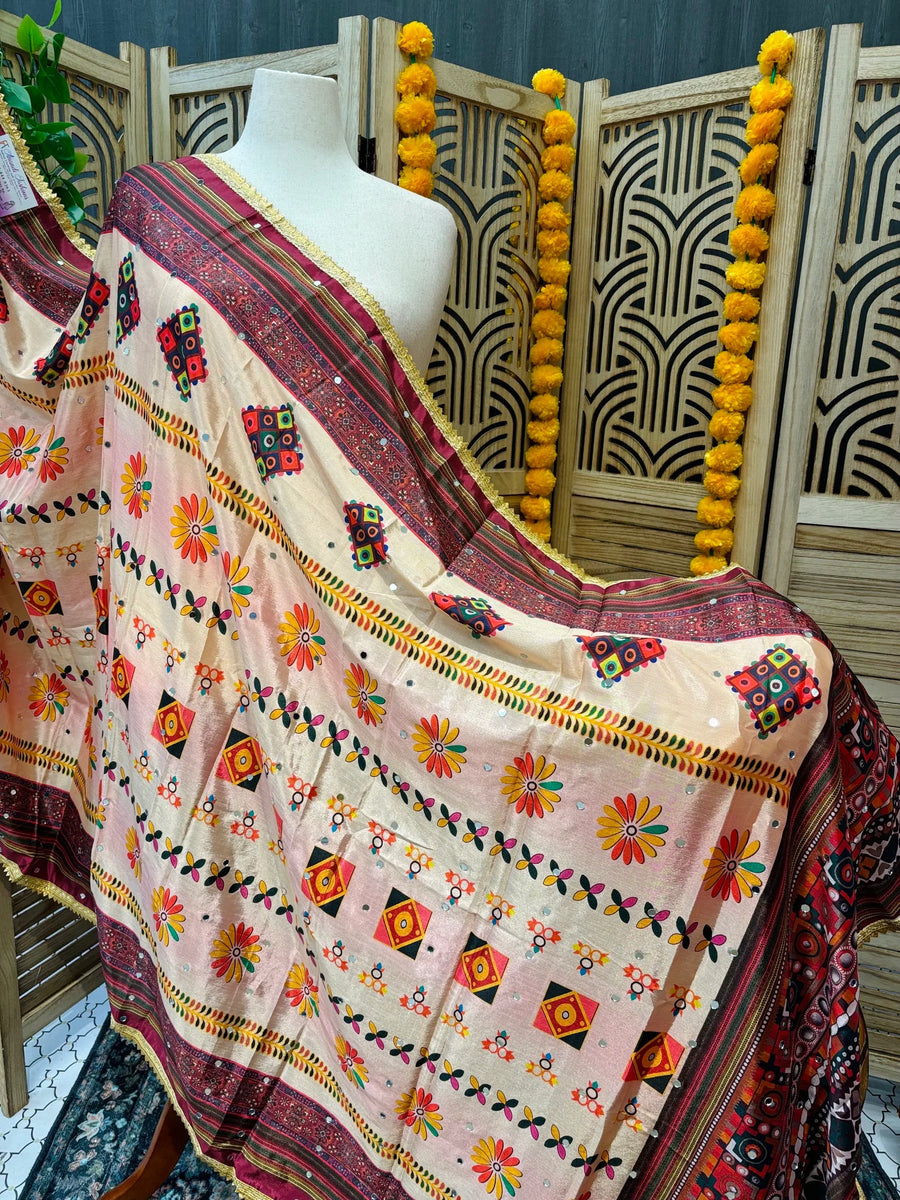 Peach Color Digital Print Chinon Dupatta
