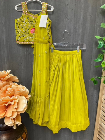 Size 24-Mehandi green kids lehenga set with dupatta fits