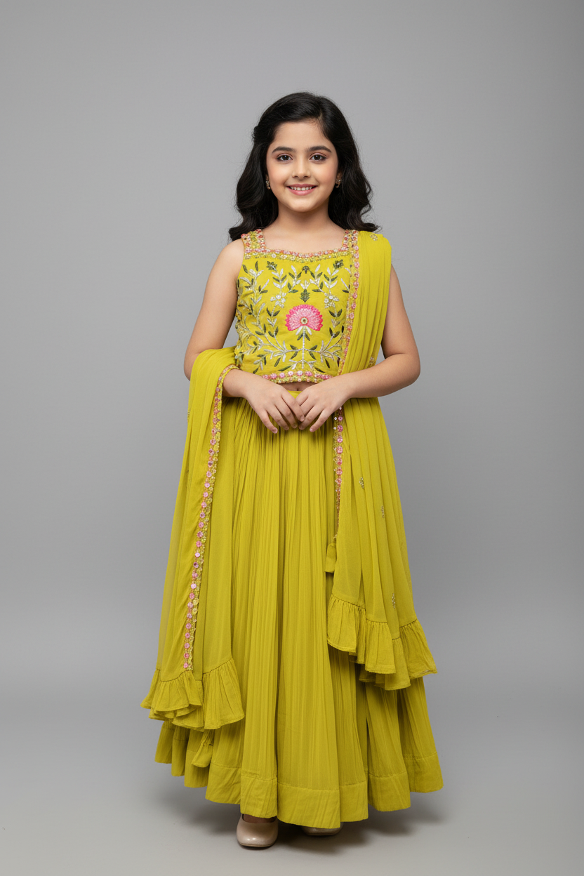 Girls 24-Mehandi green kids lehenga set with dupatta fits