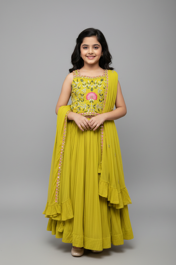 Girls 24-Mehandi green kids lehenga set with dupatta fits