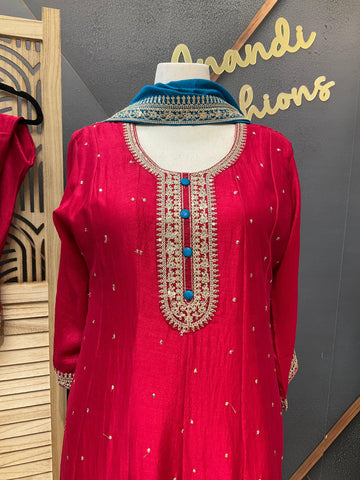 Plus Size Red Anarkali Kurti Set Size 46/48 - Vichitra Silk with Blue Dupatta