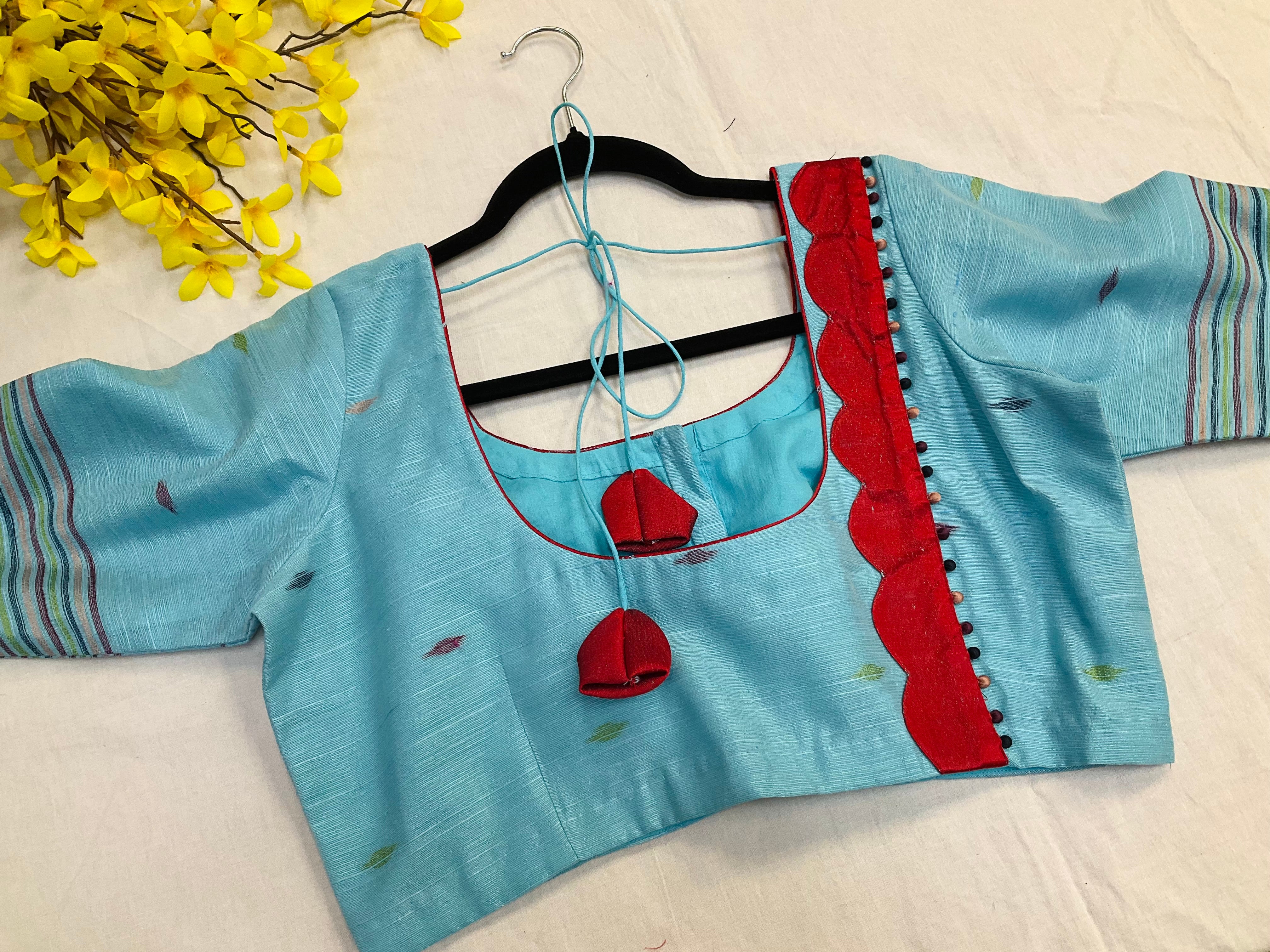 Blue-Lenin Jamdhani weaving Saree with Stitched blouse-fall pico done