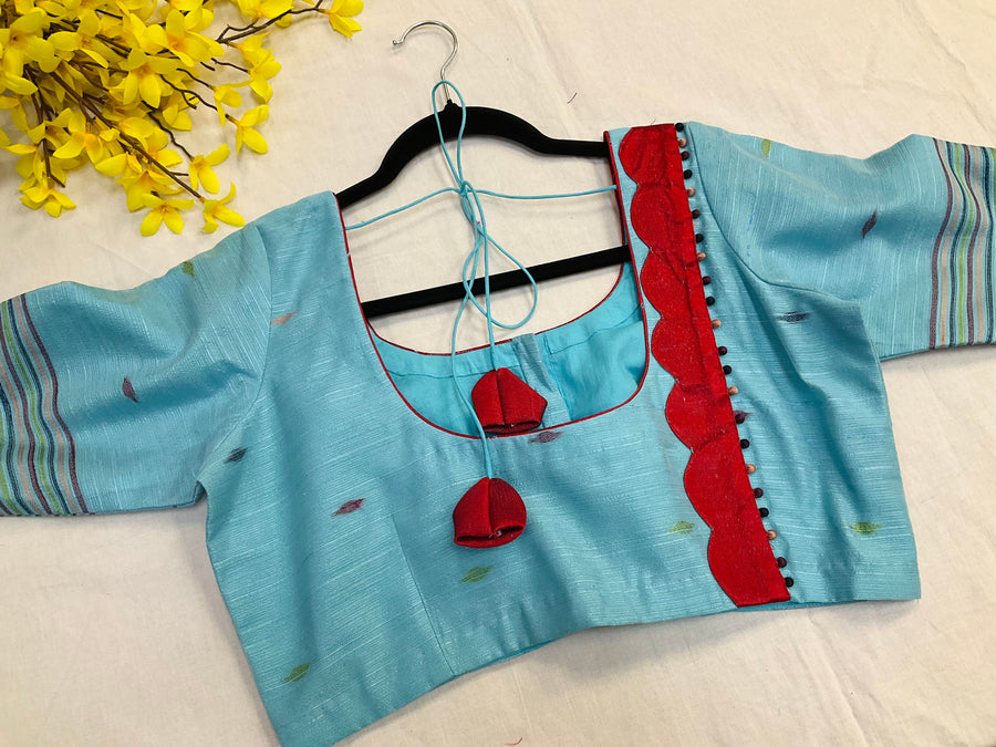 Blue-Lenin Jamdhani weaving Saree with Stitched blouse