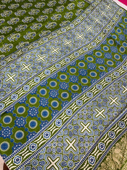Semi Modal silk Mehandi green Ajrakh saree