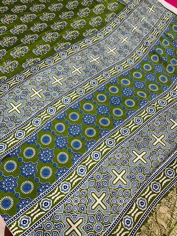 Semi Modal silk Mehandi green Ajrakh saree
