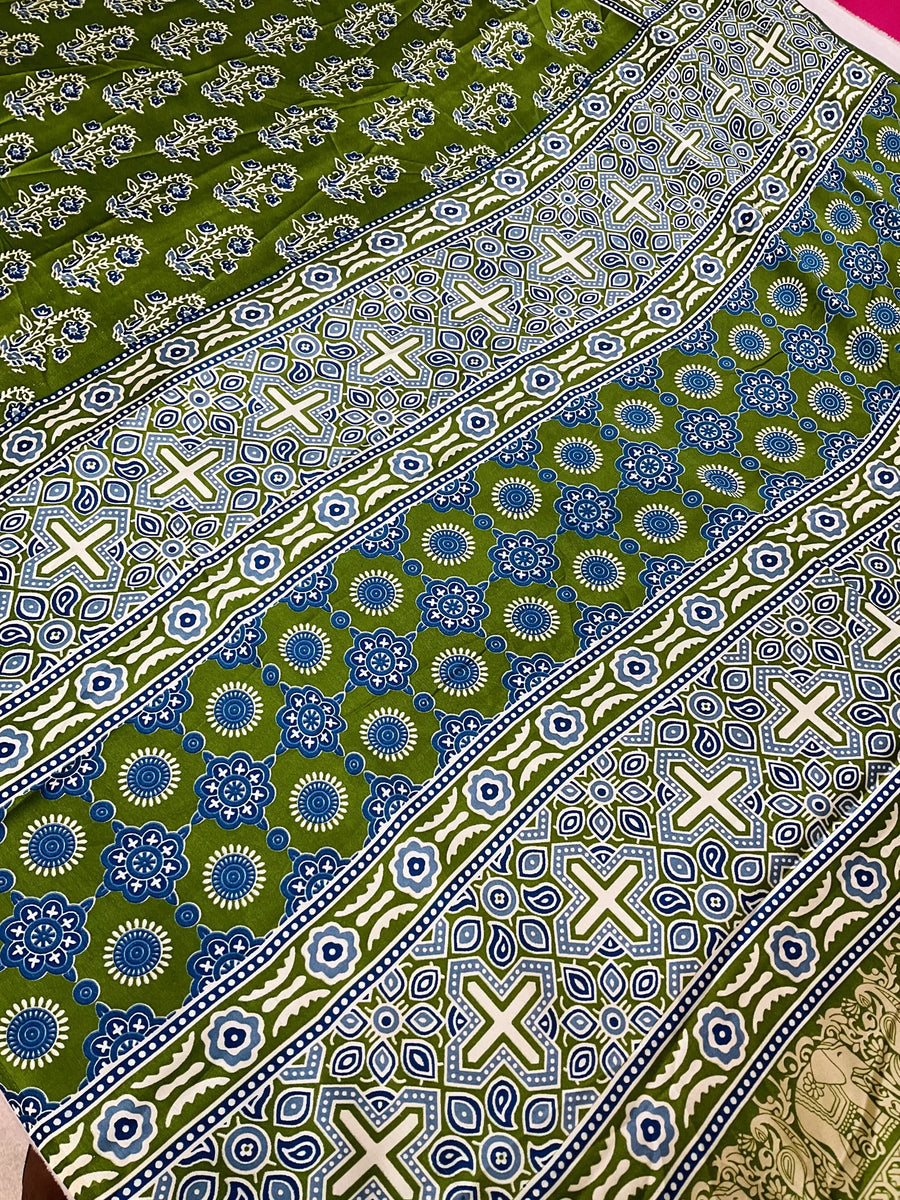 Semi Modal silk Mehandi green Ajrakh saree