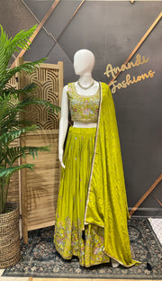 Women’s Lime Green Floral Embroidered Lehenga Choli with Dupatta