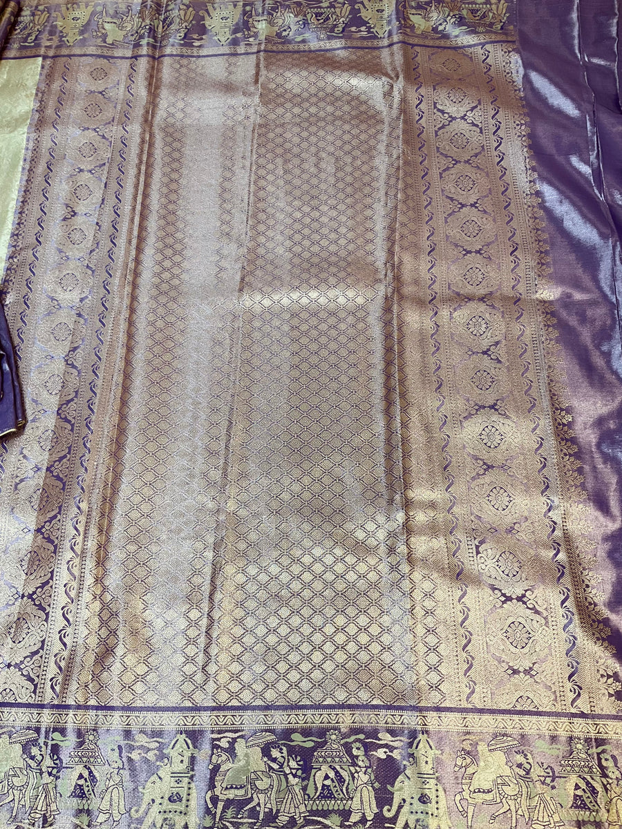 Half White Semi Kanjeevaram Saree with Stitched Maggam Blouse