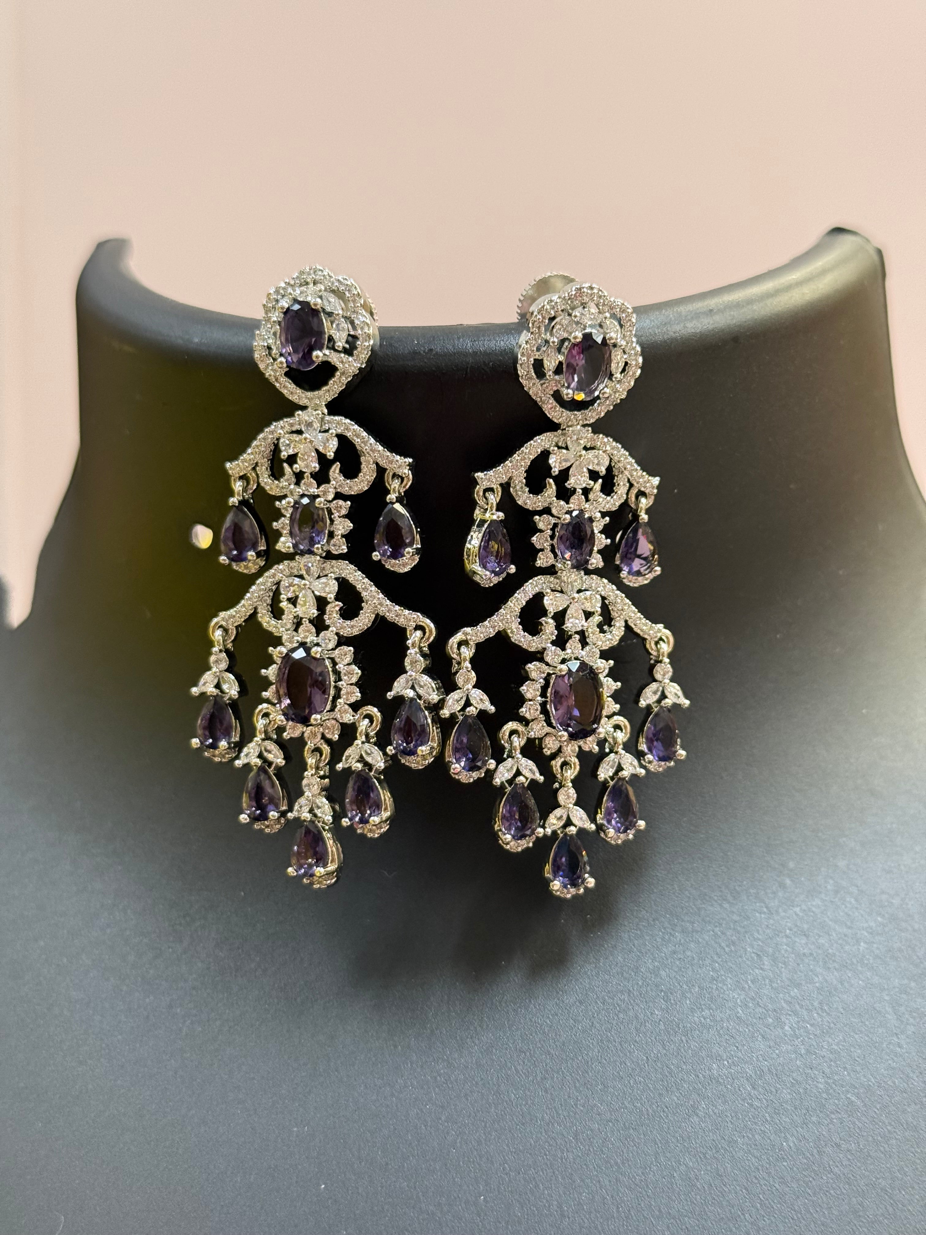 Dazzling Silver Earrings - Purple Stones