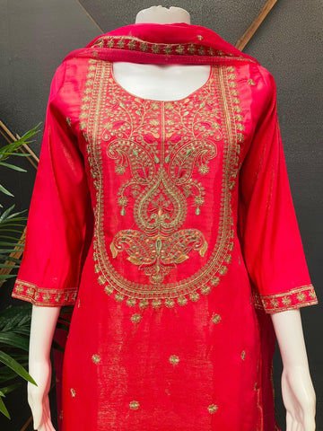 Pink Shimmery Silk Party Wear Sharara Set Size 40 - Embroidery Work