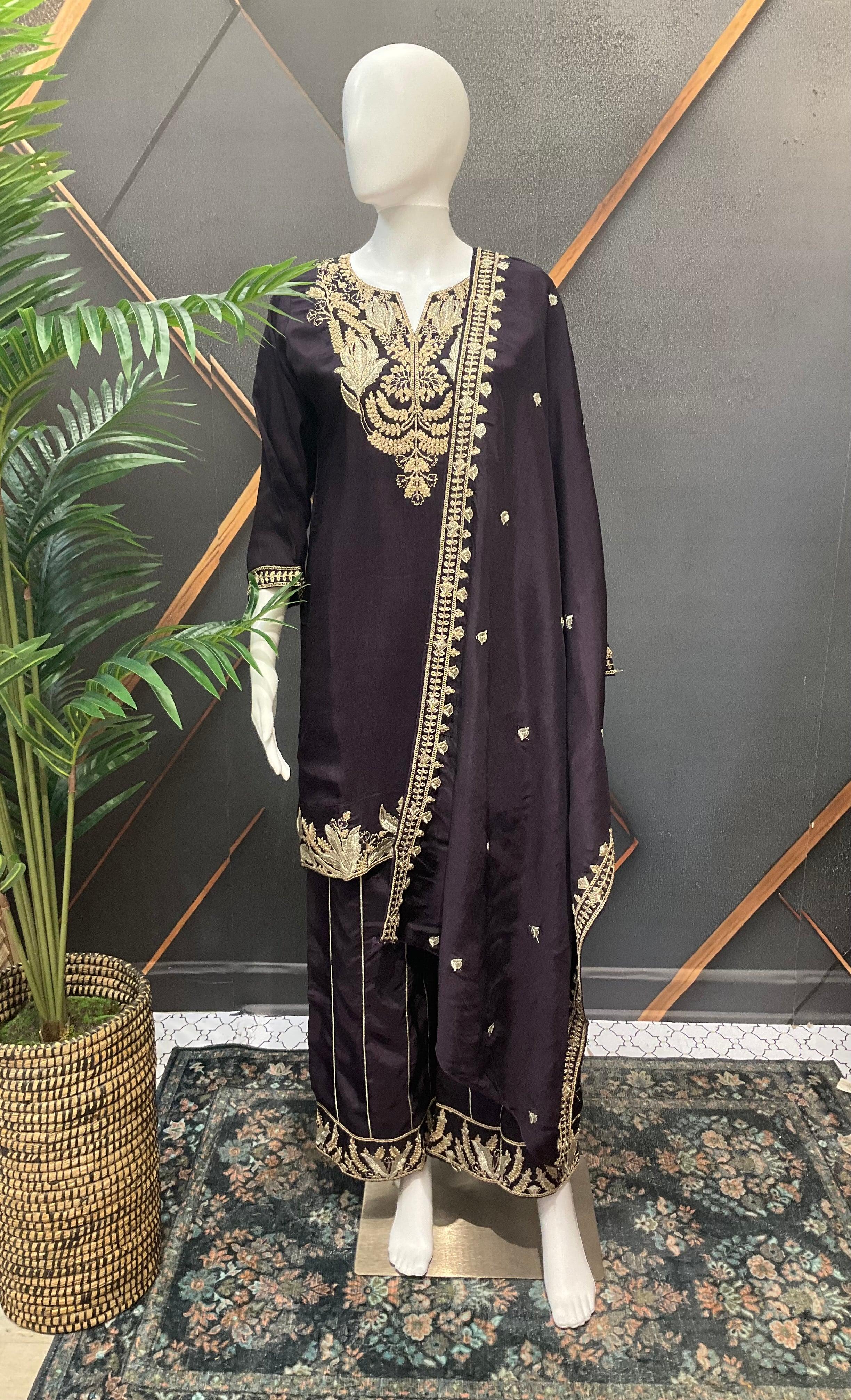 Plum Color Party Wear Palazzo Set - Gold Zari Work