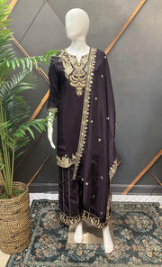 Plum Color Party Wear Palazzo Set - Gold Zari Work