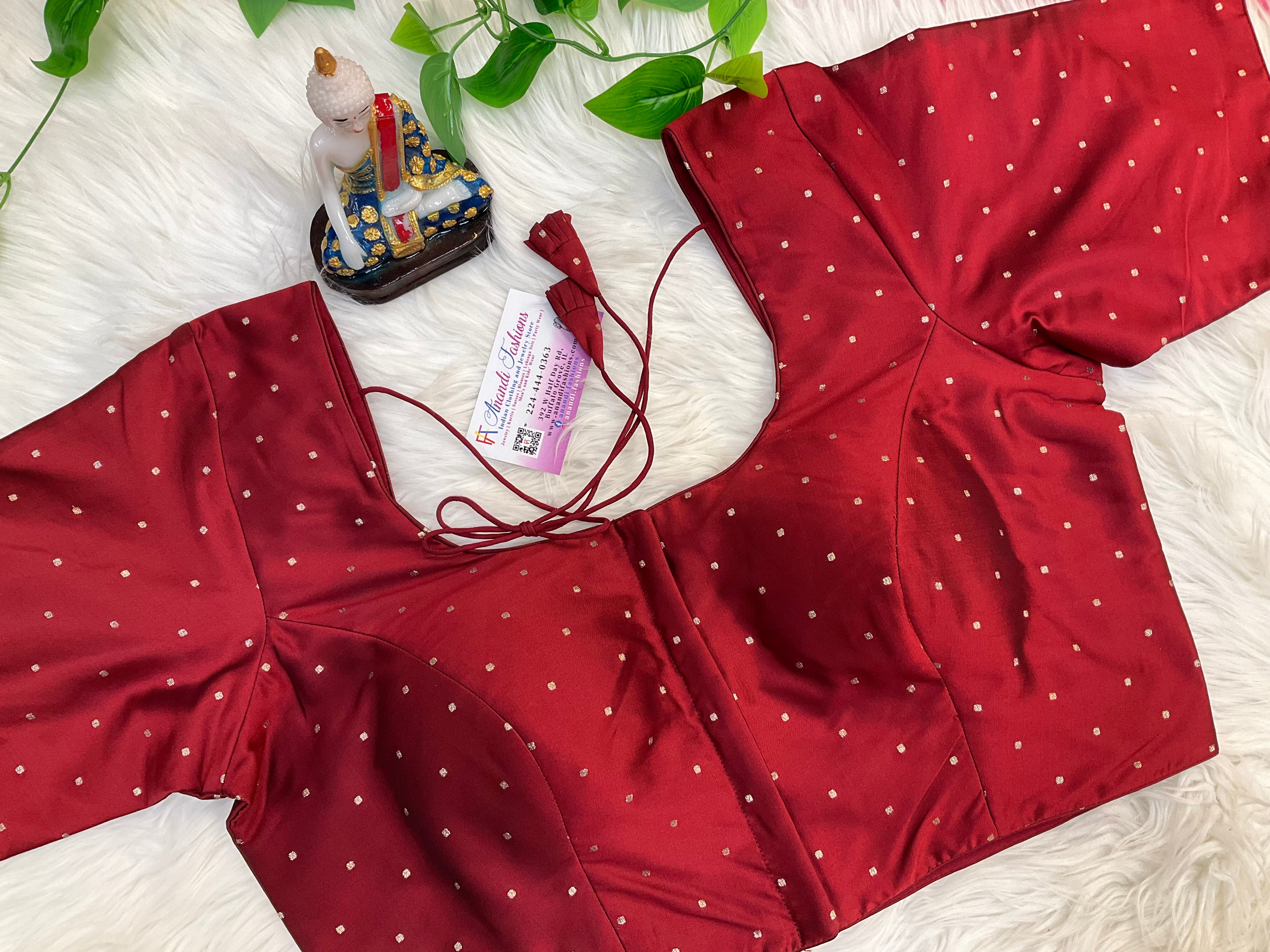 Premium quality Maroon Front opening Raw Silk Blouse with Gold Print