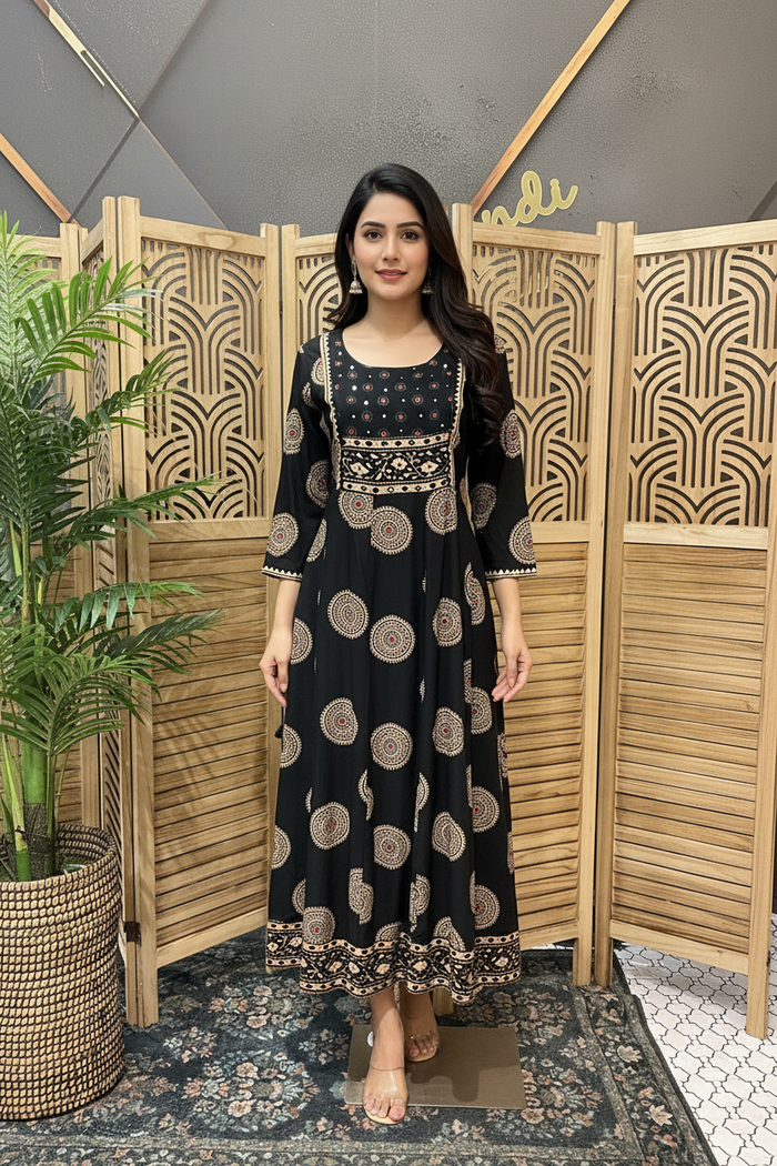 Women’s Black Pure Cotton Long Anarkali Long Kurti