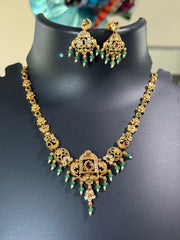 Antique Finish Simple Necklace set with Green Beads