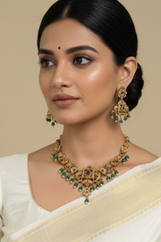 Antique Finish Simple Necklace set with Green Beads