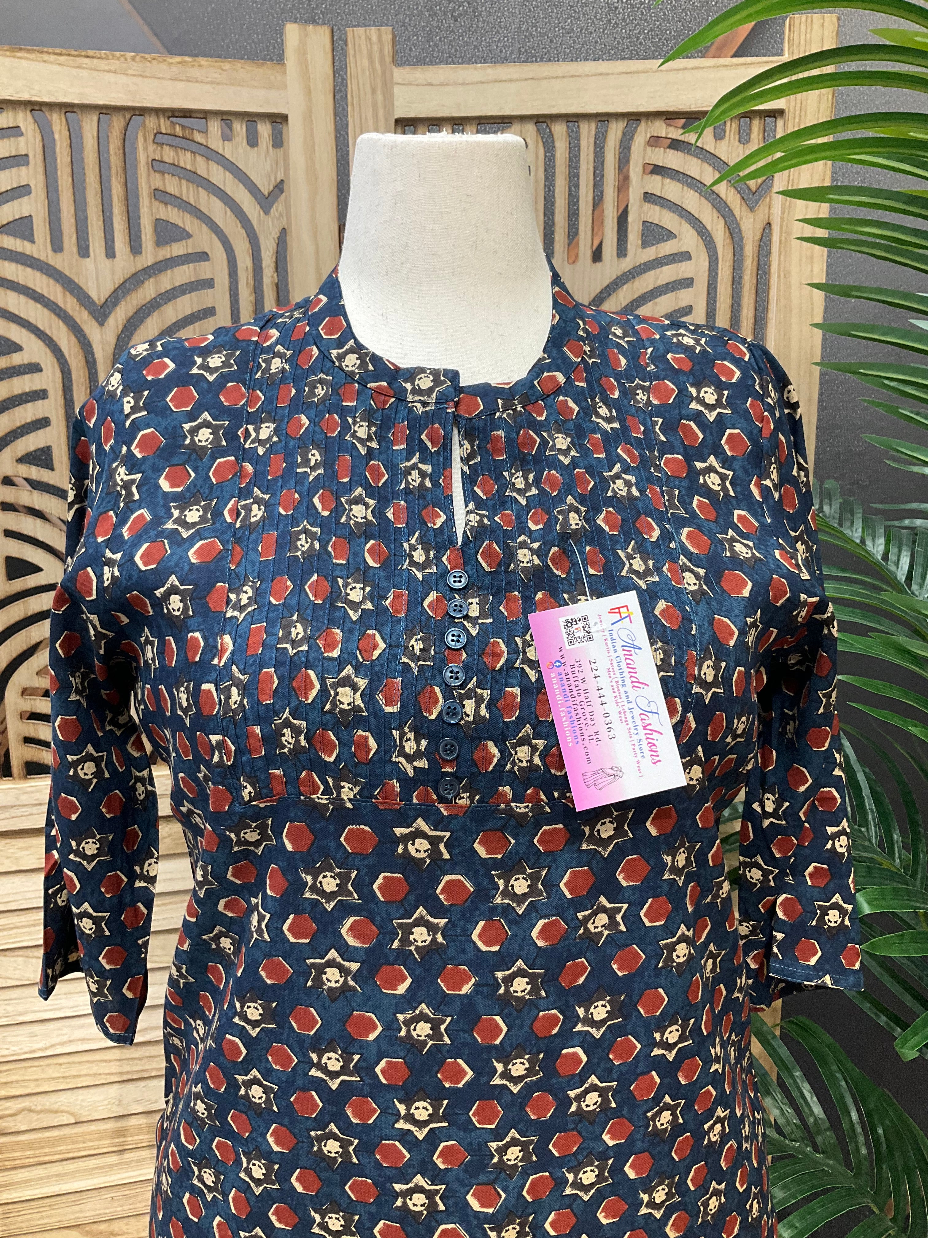 Size 50- Plus Size Navy Blue Color Pure Cotton short kurti